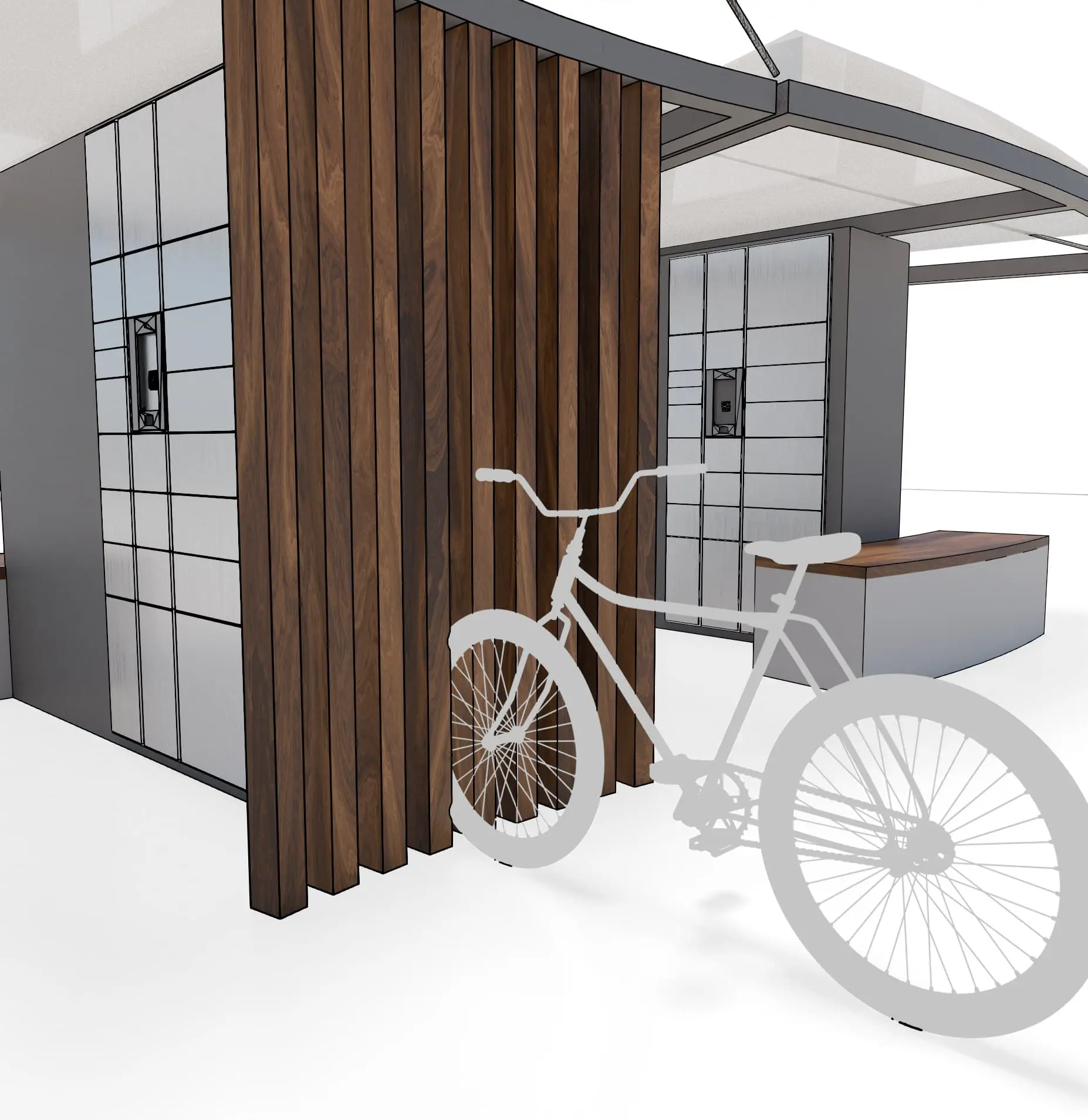 Bicycle locked against the wooden bench detail